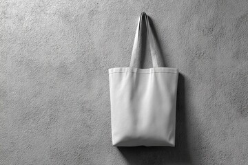 A plain white tote bag hangs against a textured gray wall, subtly shadowed, showcasing its simple design and spacious capacity