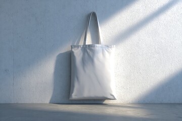 A plain white tote bag hangs against a textured light grey wall, bathed in diagonal sunlight; simple, minimalist setting