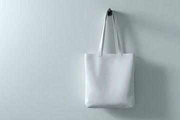 A plain white tote bag hangs from a small hook on a light grey wall, providing a clean, minimalist backdrop