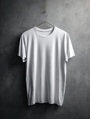 A plain white t-shirt hangs on a simple copper hanger against a textured grey background