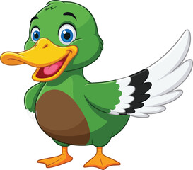 Cute cartoon green duck with big blue eyes, orange beak and feet, happy bird character vector illustration on white background.