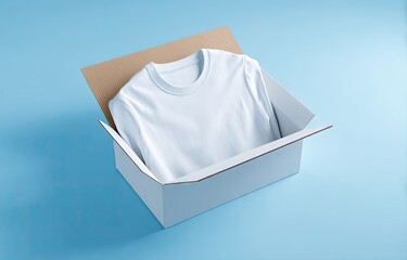 A plain white t-shirt neatly folded inside a partially opened light brown and white cardboard box, set against a pale blue background