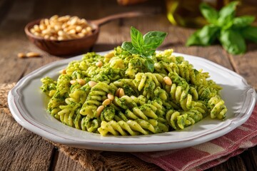 A plate of pesto pasta, featuring rotini noodles coated in vibrant green pesto sauce, garnished with pine nuts and fresh basil, sits on a rustic wooden table alongside a bowl of additional pine nuts