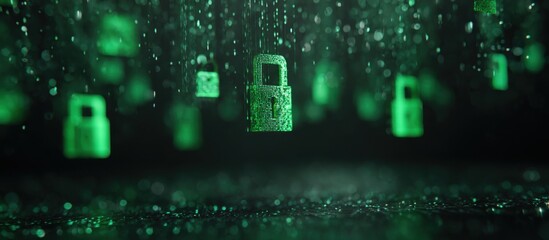 Digital lock icons, emerald green, floating, dark background