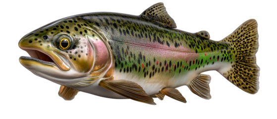 Rainbow Trout in Profile: The vibrant scales of a rainbow trout glisten, revealing a captivating array of colors in a detailed profile, capturing the essence of aquatic life and the allure of nature.