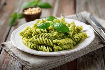 A plate of rotini pasta coated in vibrant green pesto sauce, garnished with fresh basil leaves.  Pine nuts are visible in a small bowl nearby. The pasta rests on a rustic wooden table