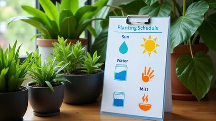 Planting schedule with care instructions next to potted plants indoors  