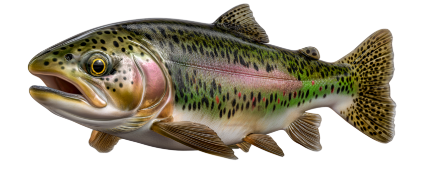 Rainbow Trout in Profile: The vibrant scales of a rainbow trout glisten, revealing a captivating array of colors in a detailed profile, capturing the essence of aquatic life and the allure of nature. - Powered by Adobe