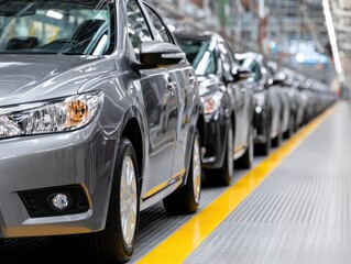 Fototapeta premium Row of freshly manufactured grey cars parked neatly on a factory production line, ready for shipment.