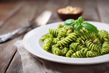 A plate of rotini pasta coated in vibrant green pesto, garnished with pine nuts and fresh basil, sits on a rustic wooden table