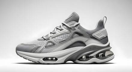 Futuristic Gray Running Shoe with Unique Sole Design on White Background