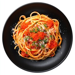 A plate of spaghetti in a rich tomato sauce, topped with vibrant orange roe, freshly grated cheese, and chopped herbs