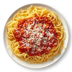A plate of spaghetti topped with a rich, meaty tomato sauce and a generous grating of parmesan cheese