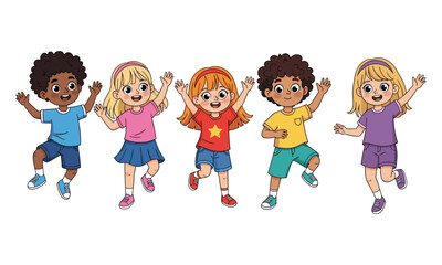 Group of happy cartoon children dancing and jumping, diverse kids in colorful clothes, playful fun illustration for school, joy, childhood