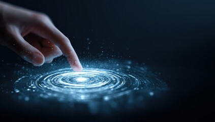 A hand's fingertip interacts with a glowing, ethereal, digital surface.  Light blue ripples radiate outwards from the point of contact
