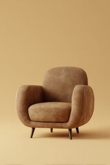 A plush, brown armchair with rounded edges and dark legs sits against a muted ochre background