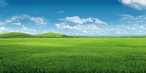 The vibrant green field under a clear blue sky with gentle hills.