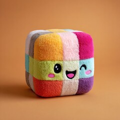 A plush cube toy with a cheerful face, multicolored patchwork design in soft pastel hues against a muted orange background