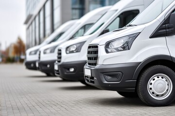 A close-up, low-angle shot of a fleet of white delivery vans parked in a row on a paved surface, ideal for transport and logistics.