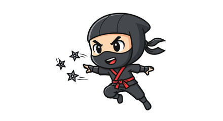 Cartoon Ninja Character Throwing Stars, Wearing Black Suit and Red Belt.