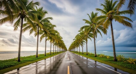 Obraz premium Tropical Coastal Road Lined with Palm Trees and Ocean View Under a Dramatic Sky