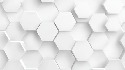 Fototapeta premium A three-dimensional hexagonal pattern is displayed on a white surface, showcasing varying depths and shadows. This design offers a modern aesthetic suitable for various applications.