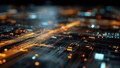 Abstract circuit board,  glowing orange and blue lines on dark background.  Complex network of interconnected pathways