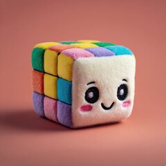 A plush, cube-shaped toy with a pastel rainbow patterned face and a simple, happy embroidered face.  Soft, cuddly, and sits on a muted pink background