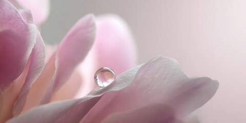 Fototapeta premium The exquisite drop of water on a soft pink flower petal.