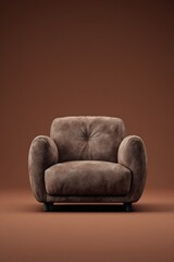 A plush, dark-brown armchair with rounded arms and a slightly tufted seat sits centered against a matching brown backdrop