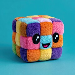 A plush cube toy with a patchwork design in various pastel colors, featuring a simple smiling face.  Soft, fluffy texture
