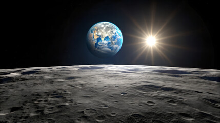 Earth and sun viewed from the surface of the moon