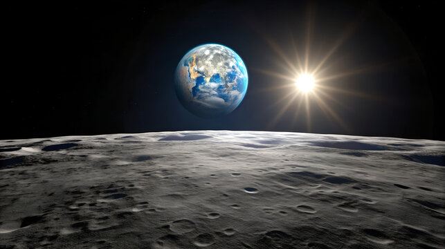 Earth and sun viewed from the surface of the moon