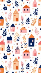 Naklejka premium Whimsical houses and leaves pattern design with pastel colors and a white background