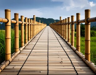 Obraz premium A serene bamboo walkway leads to distant hills