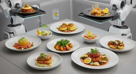 Futuristic robots artfully prepare and serve gourmet meals, showcasing innovation in culinary arts and advanced food technology for a modern dining experience.