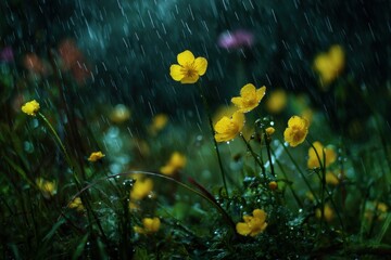 Yellow wildflowers in a rainy field