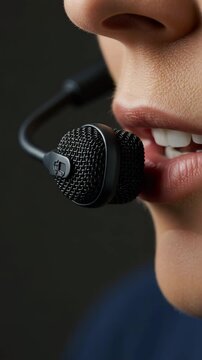 Close-up of person speaking into a professional microphone headset  