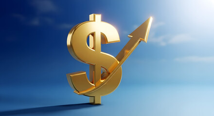 Financial Ascension: A gleaming gold dollar sign gracefully ascends, intertwined with a vibrant upward-pointing arrow, symbolizing prosperity and exponential growth against a stunning blue sky.