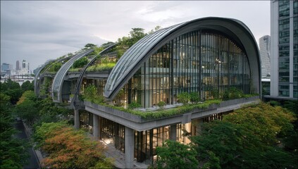 Obraz premium Modern, sustainable architecture with lush green roofs