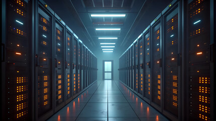Fototapeta premium Illuminated server room aisle with rows of racks and glowing lights
