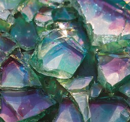 Close-up of iridescent glass shards, vibrant greens, purples, and blues