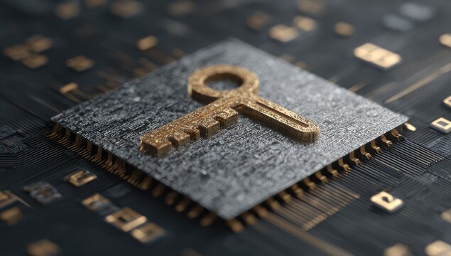 Golden key icon on a circuit board