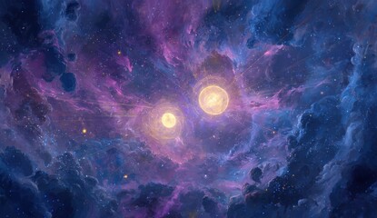 Two luminous orbs nestled within a swirling nebula of vibrant purples, blues, and golds, dotted with glittering stars