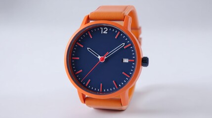 A vibrant orange wristwatch features a deep blue face with contrasting white numerals and markers, set against a plain white background