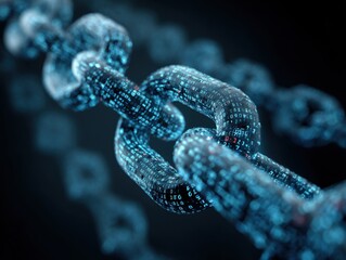 Close-up of a chain composed of glowing binary code