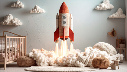 Retro style colorful yarn rocket launching with flames and smoke against blue sky
