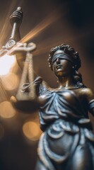 Gilded Lady Justice sculpture in soft focus, bathed in golden light, embodying impartiality and the legal system. Bokeh orbs enhance the atmospheric effect
