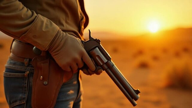 Western sheriff holding a revolver in a desert landscape under a sunset scene