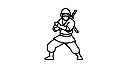 Line Art Illustration of a Ninja Warrior with Sword.